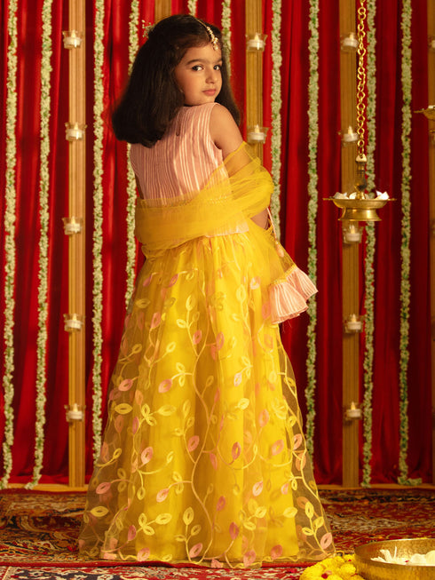 Girl's' Pink Top And Yellow Lehenga With Ruffled Dupatta Set